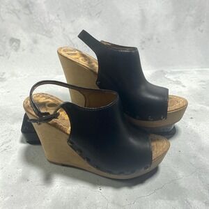 Sam Edelman Black Leather Studded Wood Wedge Slingback Sandals Clogs Size 6